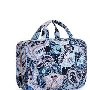 Blue Paisley Flowers Large Travel Tote Bag Purse Cream Cosmetic Don't Leave Hom